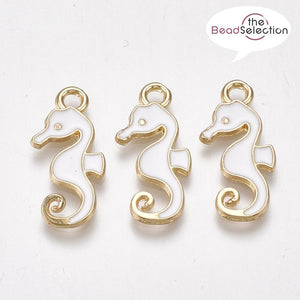 10 WHITE SEA HORSE ENAMEL CHARM PENDANTS GOLD PLATED 22mm JEWELLERY MAKING C309