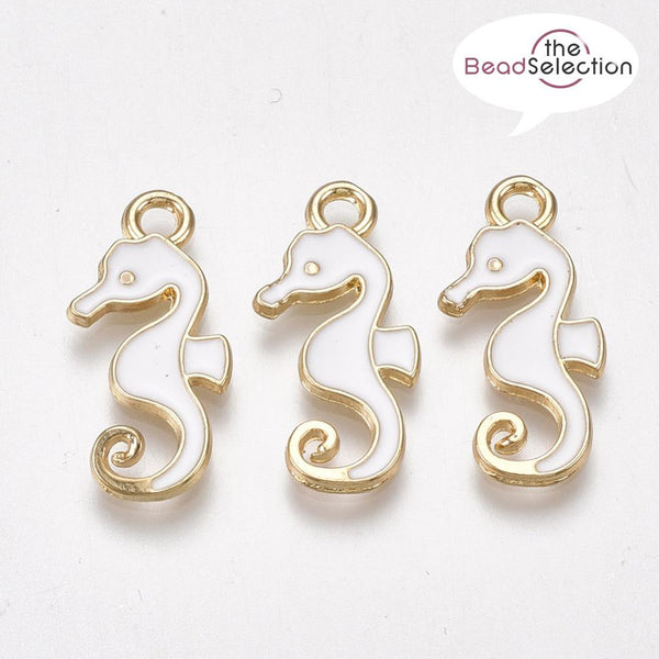 10 WHITE SEA HORSE ENAMEL CHARM PENDANTS GOLD PLATED 22mm JEWELLERY MAKING C309