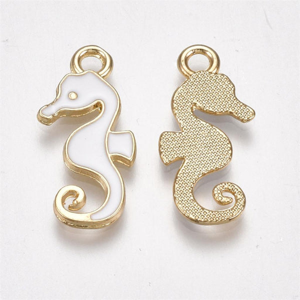 10 WHITE SEA HORSE ENAMEL CHARM PENDANTS GOLD PLATED 22mm JEWELLERY MAKING C309