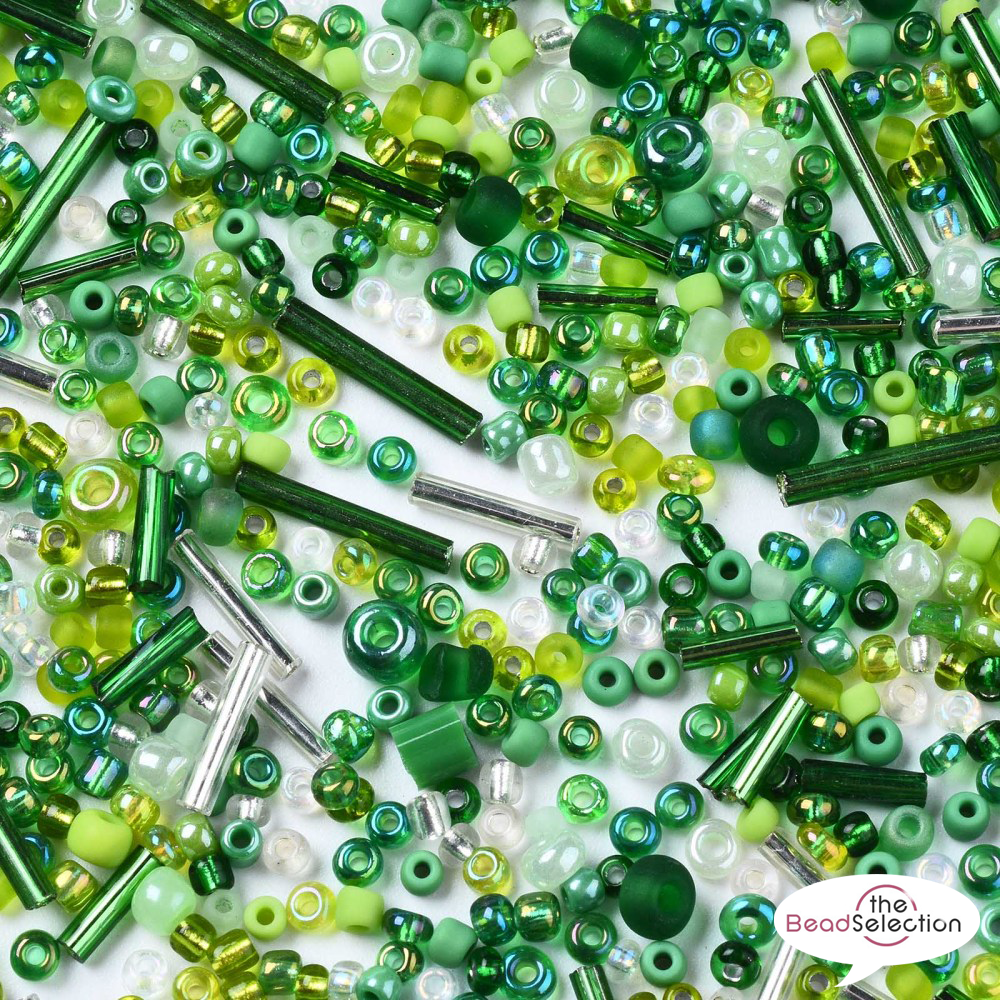 100gm Glass Seed & Bugle Beads Green 2mm - 9mm Pearl Ceylon Opaque