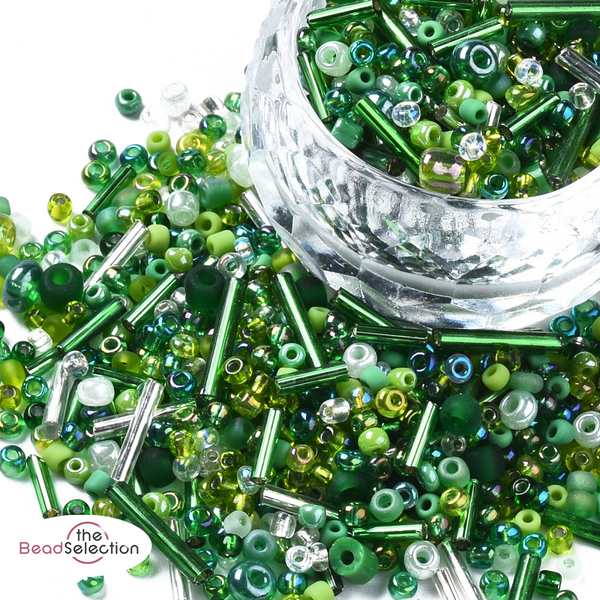 100gm Glass Seed & Bugle Beads Green 2mm - 9mm Pearl Ceylon Opaque