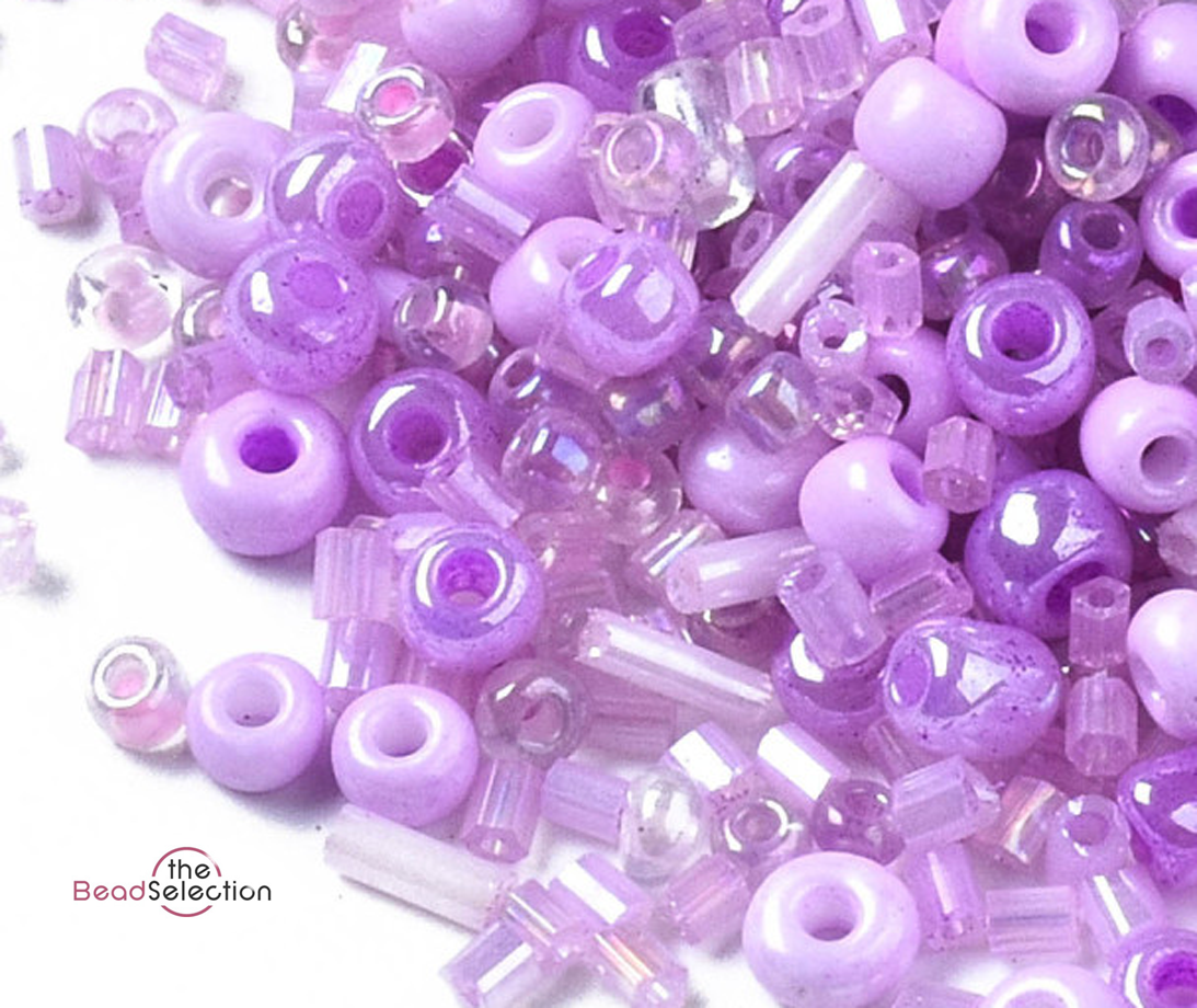 100gm Glass Seed & Bugle Beads Mix Lilac Purple 2mm - 9mm Pearl Ceylon Opaque