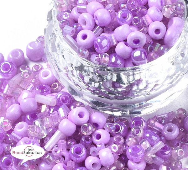 100gm Glass Seed & Bugle Beads Mix Lilac Purple 2mm - 9mm Pearl Ceylon Opaque