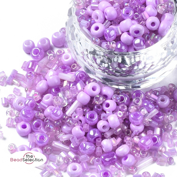 100gm Glass Seed & Bugle Beads Mix Lilac Purple 2mm - 9mm Pearl Ceylon Opaque