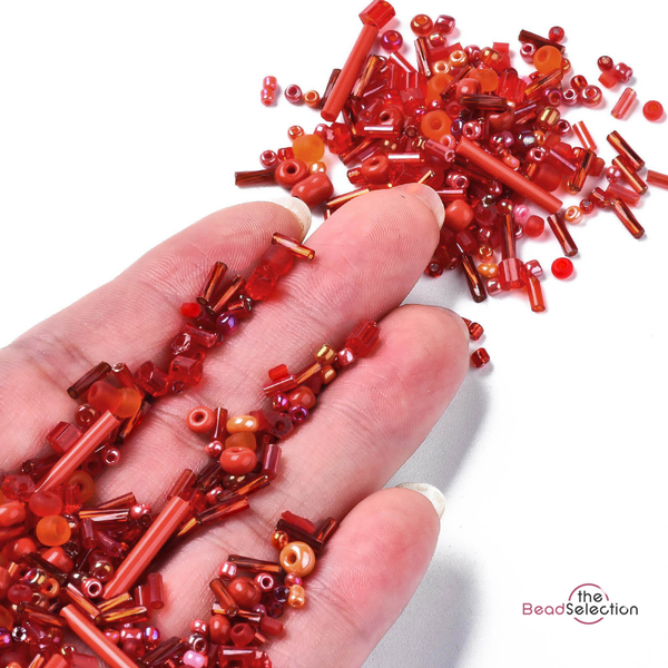 100gm Glass Seed & Bugle Beads Red / Orange  2mm - 9mm Pearl Ceylon Opaque