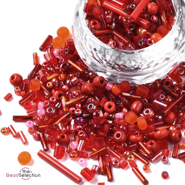 100gm Glass Seed & Bugle Beads Red / Orange  2mm - 9mm Pearl Ceylon Opaque