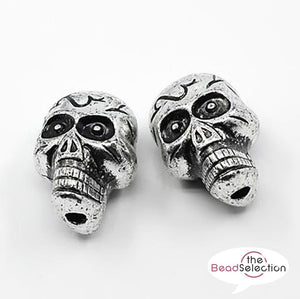 10 SKULL BEADS 23mm ACRYLIC ANTIQUE SILVER LARGE 3.5mm HOLE JEWELLERY ACR60