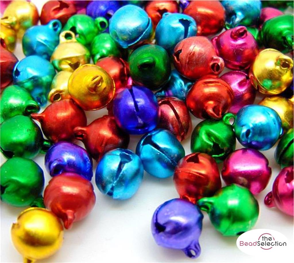 50 RINGING JINGLE BELLS CHARMS 14mm XMAS MIXED COLOURS TOP QUALITY BELL12