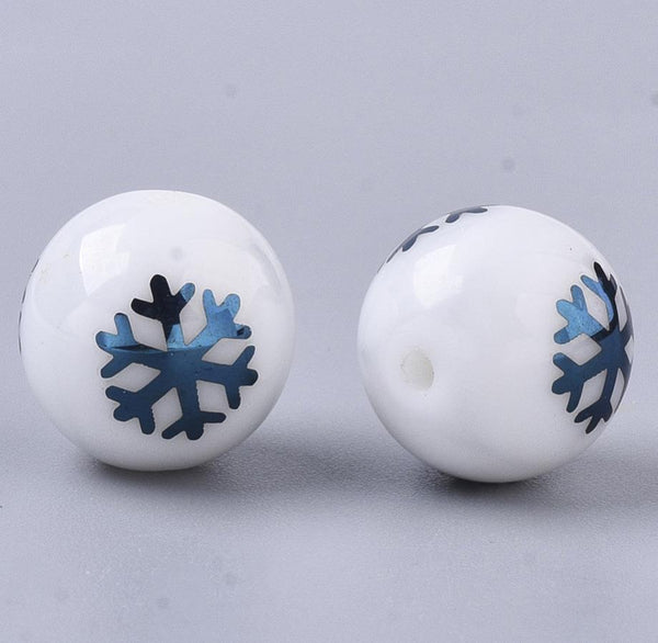 20 BLUE XMAS SNOWFLAKE GLASS ROUND BEADS 10mm TOP QUALITY GLS50