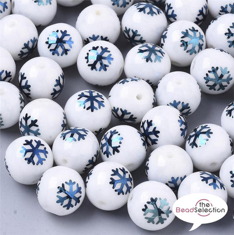 20 BLUE XMAS SNOWFLAKE GLASS ROUND BEADS 10mm TOP QUALITY GLS50