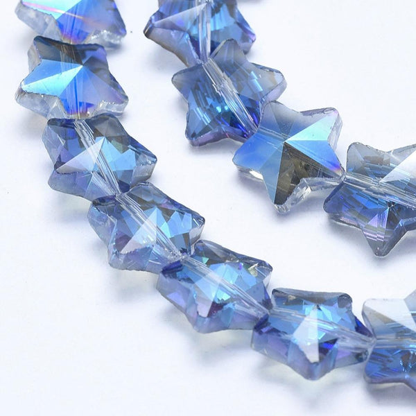 10 STAR FACETED GLASS CRYSTAL BEADS 13mm BLUE RAINBOW AB LUSTRE SUNCATCHER GLS47