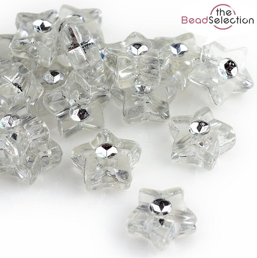 100 ACRYLIC STAR FLOWER BEADS CLEAR SILVER LACED 10mm TOP QUALITY ACR119