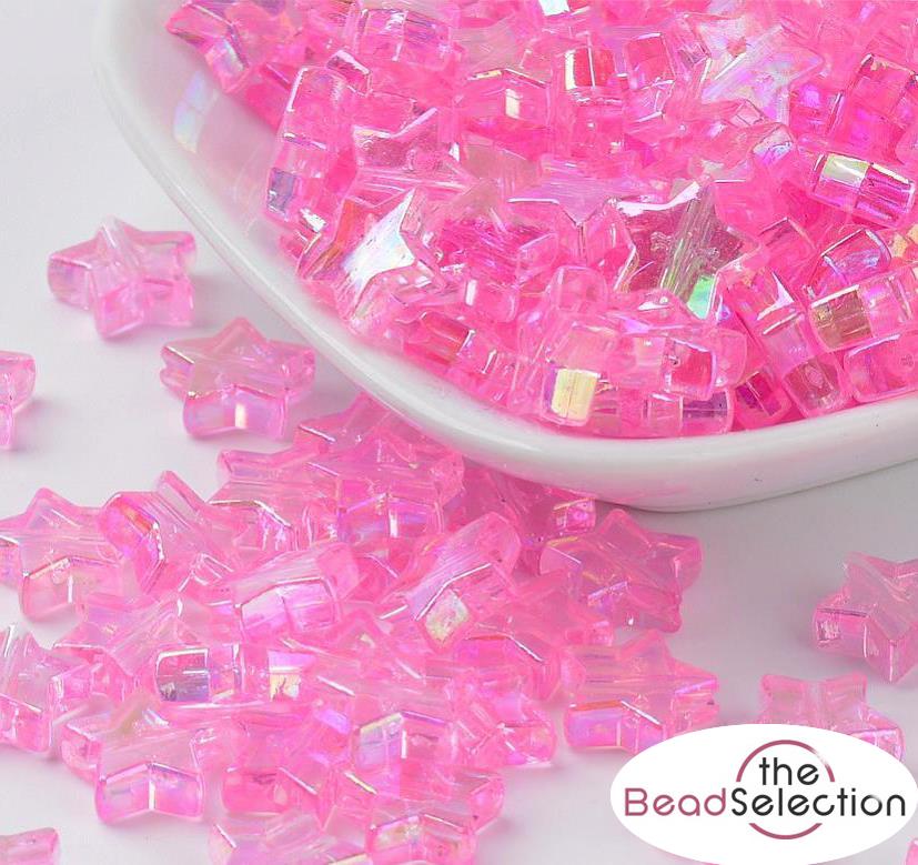 100 ACRYLIC STAR BEADS PINK AB RAINBOW PEARL LUSTRE 10mm TOP QUALITY ACR136