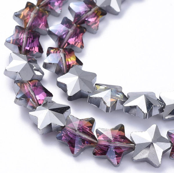 10 STAR FACETED GLASS CRYSTAL BEADS 13mm PURPLE PINK RAINBOW AB LUSTRE GLS45