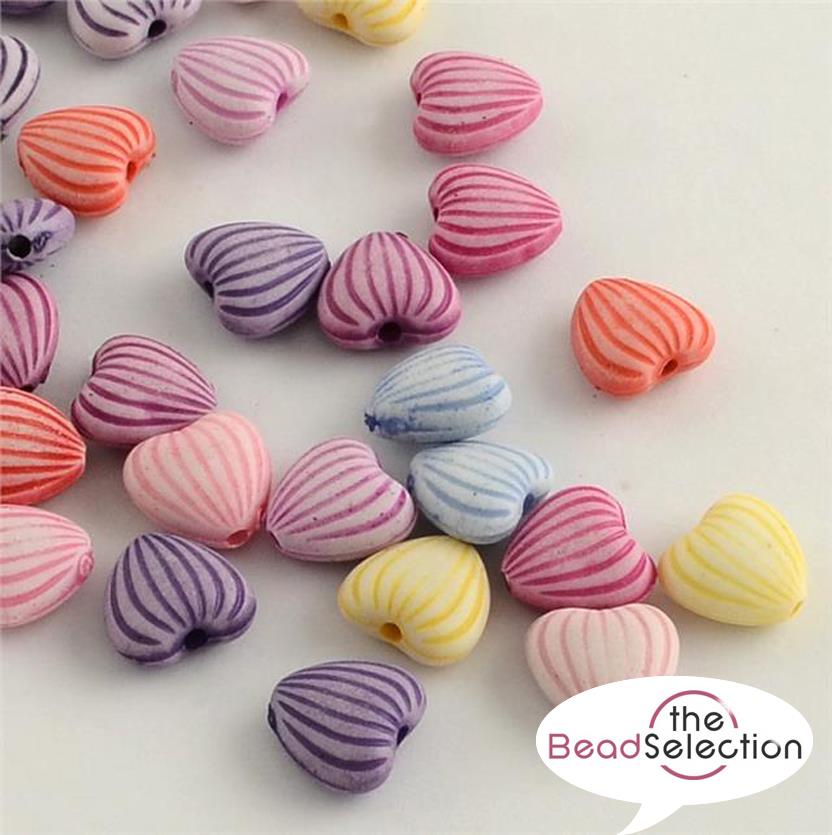 70 ACRYLIC STRIPED PUFFED HEART BEADS 11mm X 10mm MIXED COLOURS ACR81