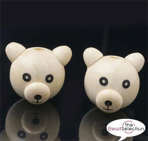 TEDDY BEAR HEAD WOODEN BEADS 28mm NATURAL WOOD LARGE 5mm HOLE W8