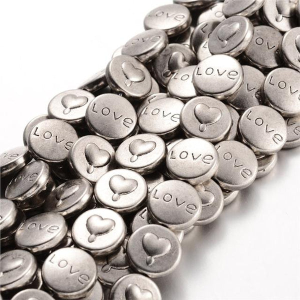 10 TIBETAN SILVER FLAT ROUND LOVE SPACER BEADS 13mm x 4mm JEWELLERY MAKING(TS21)