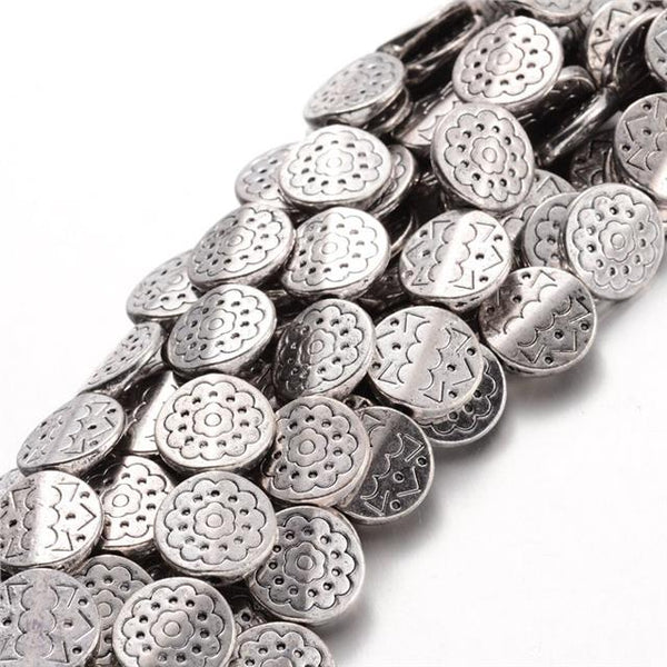TOP QUALITY 10 TIBETAN SILVER FLAT ROUND FLOWER SPACER BEADS 11mm x 3mm (TS25)
