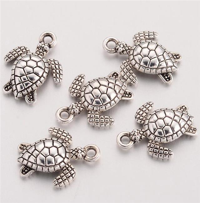 10 TURTLE CHARMS PENDANTS BRIGHT TIBETAN SILVER 3D 16mm JEWELLERY MAKING C2