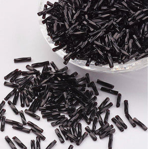 50g BUGLE BEADS TWISTED BLACK OPAQUE GLASS 9mm