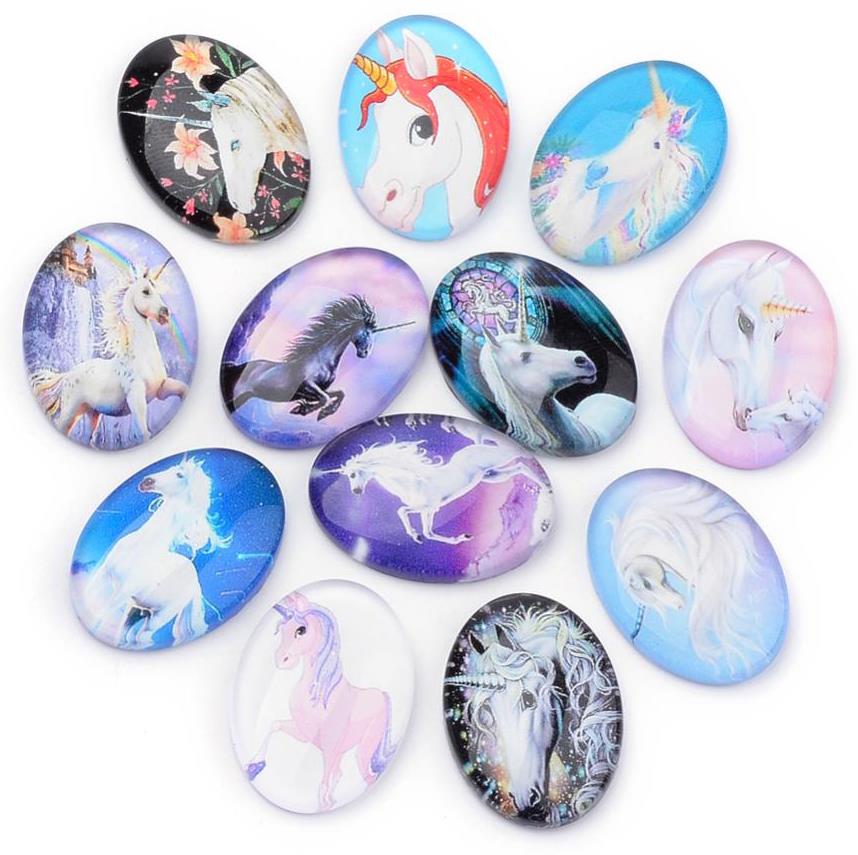 10 OVAL UNICORN PRINTED CLEAR GLASS DOMED CABOCHONS 25mm X 18mm CAB20