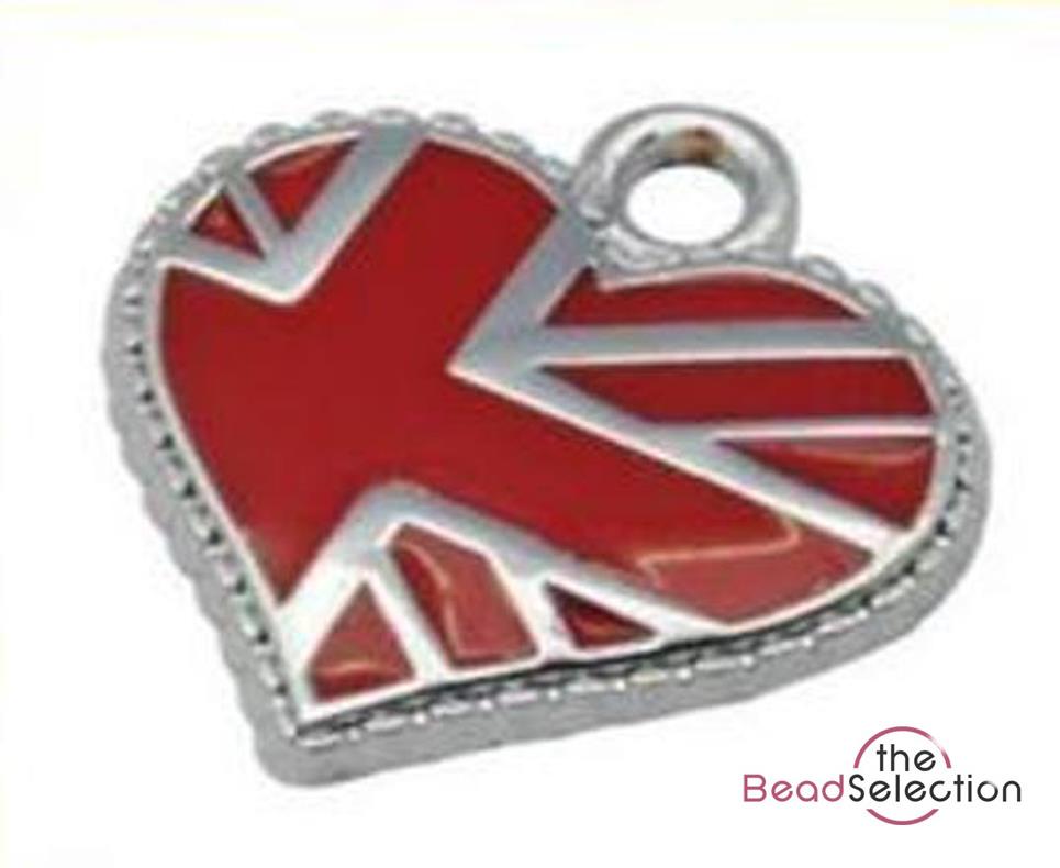 5 ENAMEL RED UNION FLAG HEART CHARMS PENDANT 20mm TOP QUALITY C140