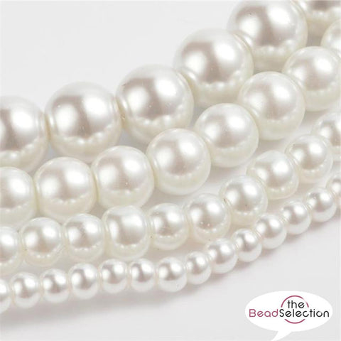 200 TOP QUALITY WHITE MIXED SIZE ROUND GLASS PEARL BEADS 4mm 6mm 8mm 10mm 12