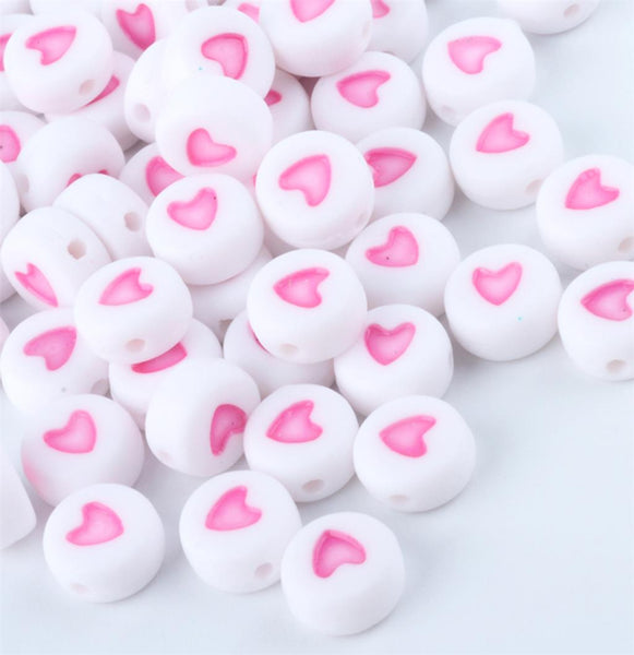 100 White Round Pink Heart Beads Acrylic 7mm Jewellery Making Childrens ACR221