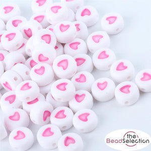 100 White Round Pink Heart Beads Acrylic 7mm Jewellery Making Childrens ACR221