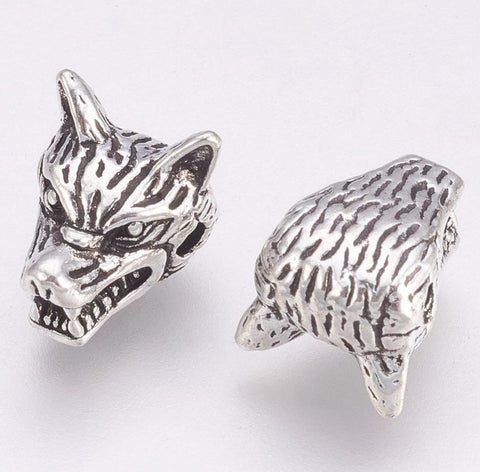 4 TIBETAN SILVER WOLF HEAD SPACER BEADS CHARMS 13mm LARGE 2mm HOLE TS90