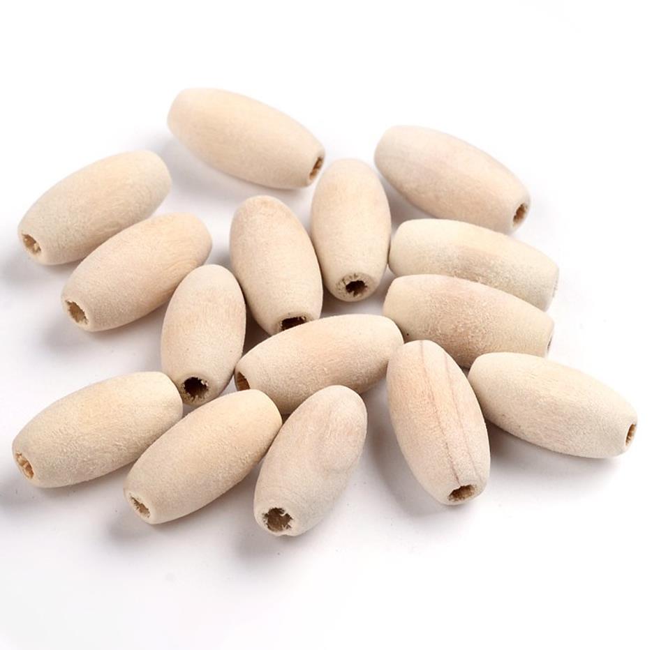 15 LARGE OVAL WOODEN BEADS 20mm x 10mm WHITE / NATURAL 3mm HOLE W1