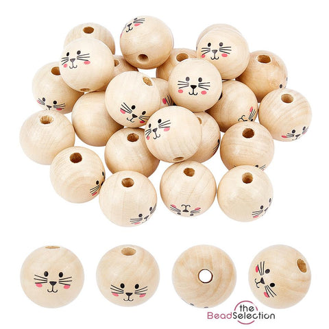 6 LARGE CAT FACE 30mm ROUND WOODEN BEADS DOLL 6mm HOLE W42