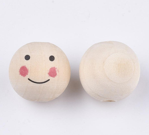 10 LARGE DOLLS HEAD HAPPY FACE 25mm ROUND WOODEN BEADS 5mm HOLE W9