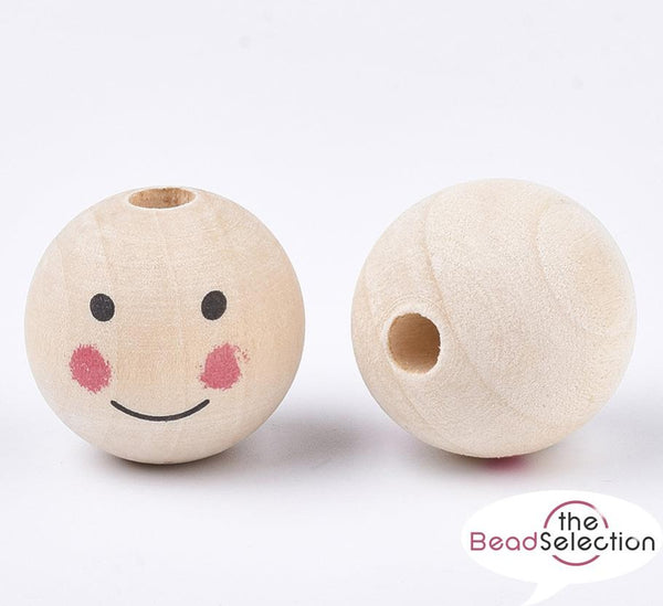10 LARGE DOLLS HEAD HAPPY FACE 20mm ROUND WOODEN BEADS 5mm HOLE W11