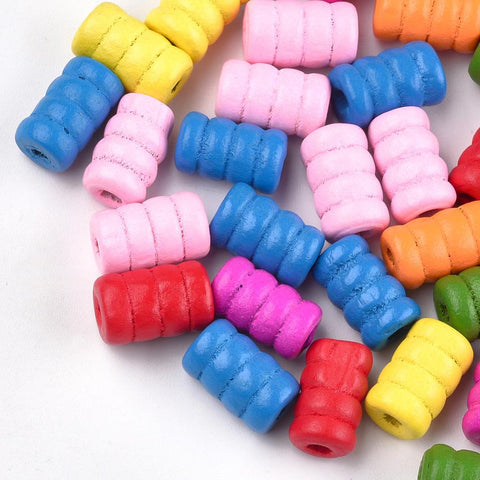 100 WOODEN BEADS 12mm TUBE RIBBED MIXED COLOUR 3mm HOLE W15