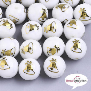 20 GOLD XMAS BELL GLASS ROUND BEADS 10mm TOP QUALITY GLS30