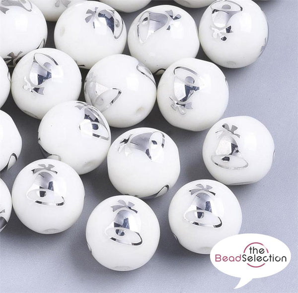 20 SILVER XMAS BELL GLASS ROUND BEADS 10mm TOP QUALITY GLS31