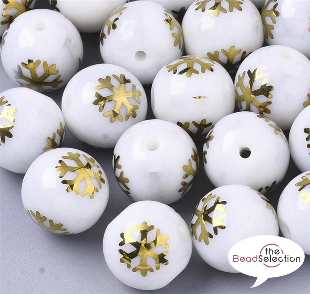 20 GOLD XMAS SNOWFLAKE GLASS ROUND BEADS 10mm TOP QUALITY GLS37