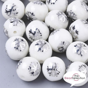20 SILVER XMAS SNOWFLAKE GLASS ROUND BEADS 10mm TOP QUALITY GLS38